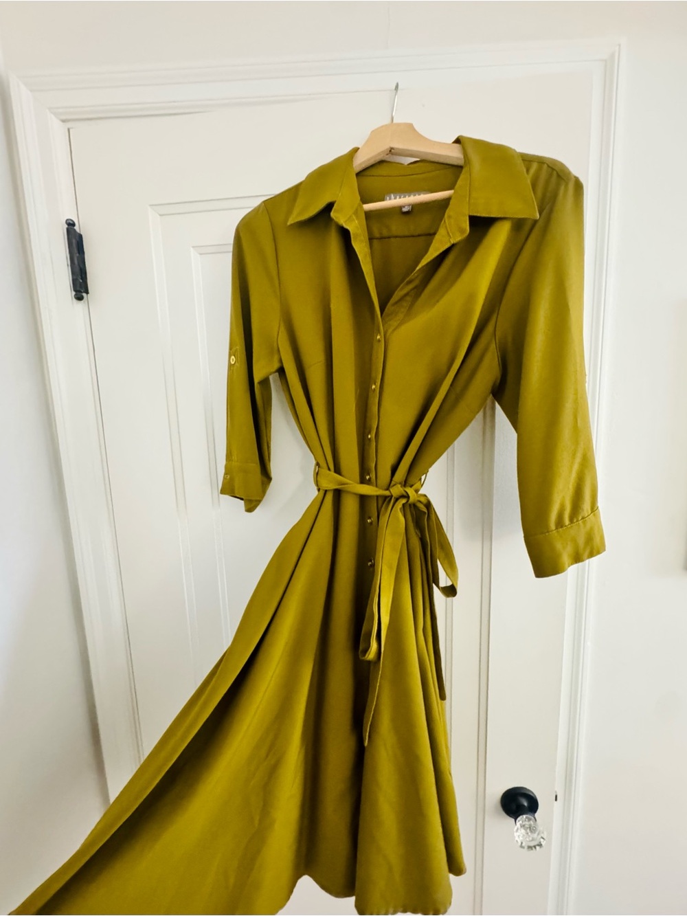Sharagano Olive Green Button-Front Midi Shirt Dress with Waist Tie